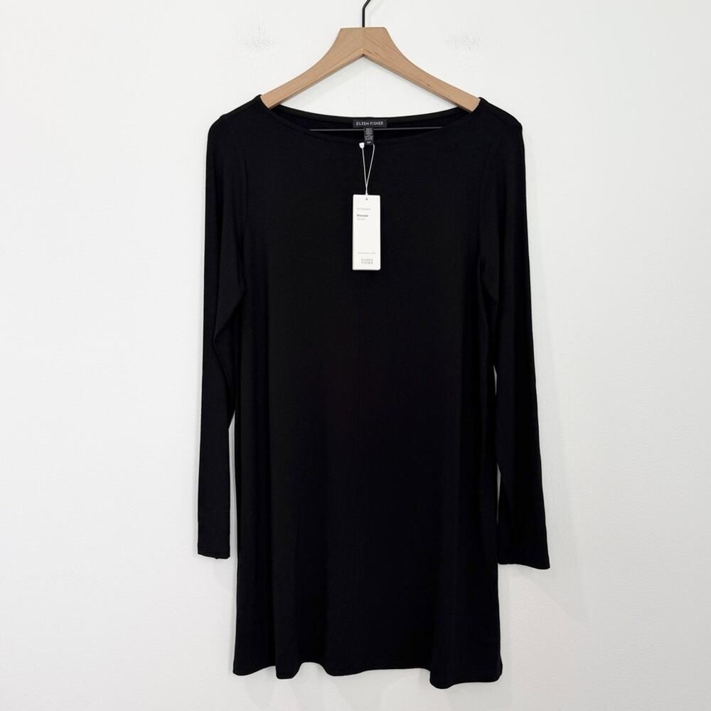 Eileen Fisher Bateau Neck Long Tunic Black Side Slits NWT Size Small - Picture 2 of 8